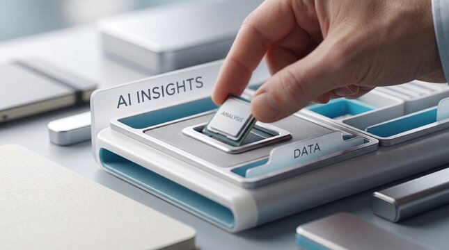Hand placing analysis chip into ai insights data technology device with inserting microchip labeled marked insights