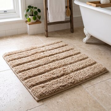 Cozy beige bathroom rug placed on a stylish tiled floor in a modern home setting.