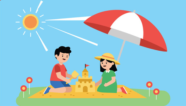 Happy young boy and girl building a sandcastle under a large beach umbrella on a sunny day with green grass around.