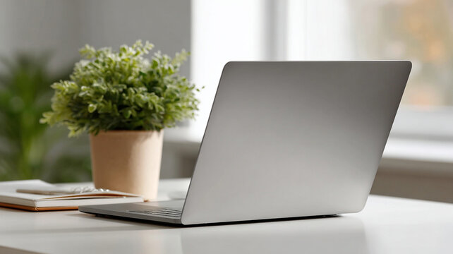 Laptop, plant, desk, notebook, office, workspace laptop on white table near potted green plant and window with soft natural light