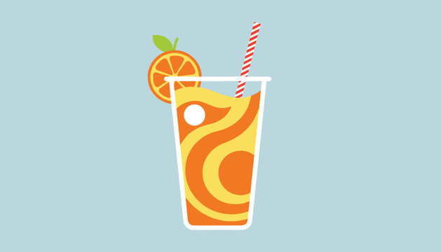 Refreshing glass of orange juice with a red striped straw and a fresh citrus slice garnish on a light blue background.