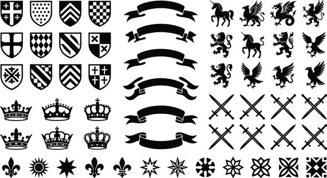 Medieval heraldry icon collection set featuring shields crowns banners lion griffin dragon unicorn crossed swords vector illustration