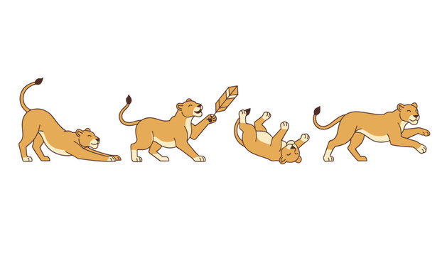 Sequential illustration of a playful lioness stretching, playing with a feather, rolling over, and running.