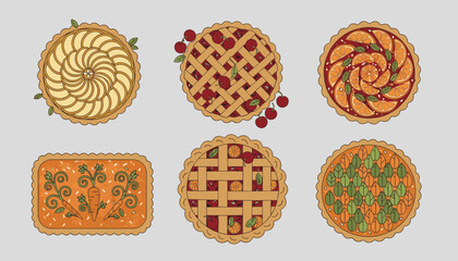 Fototapeta premium Set of delicious homemade sweet and savory pies featuring apple, cherry, orange, carrot, and green leafy designs.