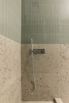 Shower thermostatic controls and wooden corner stool