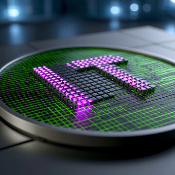 Leuchtende IT Buchstaben mit Mikrochip Muster in Gr&uuml;n und Violett schimmernd
