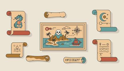 Fototapeta premium Ancient pirate treasure map of a skull island surrounded by old parchment scrolls with dragon and lunar symbols.