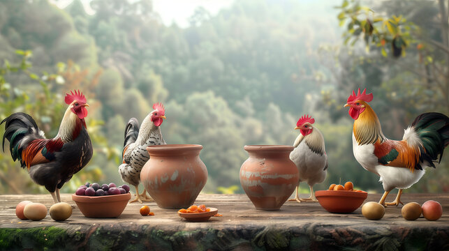 Four roosters with terracotta pots and dried fruit on a rustic wooden table, centre copy space