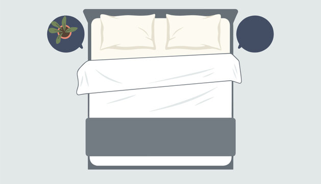 Top down bedroom view plan featuring a cozy double bed with white pillows and a duvet next to round nightstands.
