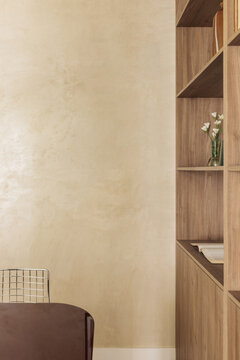 Beige microcement wall texture with bookcase and flower vase