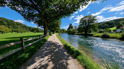 Fototapeta premium Sonniger Fluss Wanderweg führt an grüner Wiese und Bäumen entlang