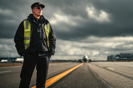 Male airport ground crew member in reflective vest stands confidently on runway, overseeing aircraft operations under dramatic cloudy sky, ensuring safety and efficiency in aviation