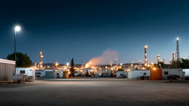 Industrial plant night drone view refinery power plant light tower smoke, cinematic industrial plant night with glowing light, tower, tank, smoke