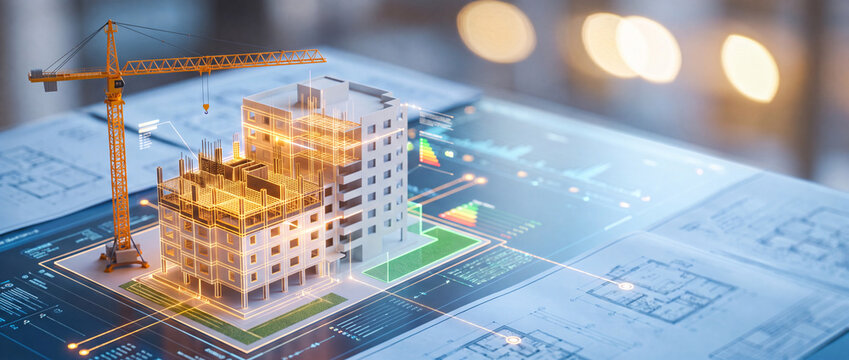 Architectural BIM model with digital construction overlay shows a glowing wireframe building and crane on technical blueprints for smart urban development presentations