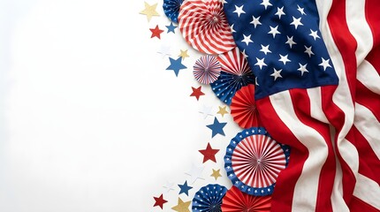 Obraz premium American flag background with red white and blue paper fans and star decorations on a white surface for patriotic holiday celebrations