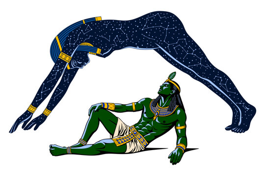 Ancient Egyptian Gods. Geb, the god of the earth and Nut, the goddess of sky. Color vector cliparts.