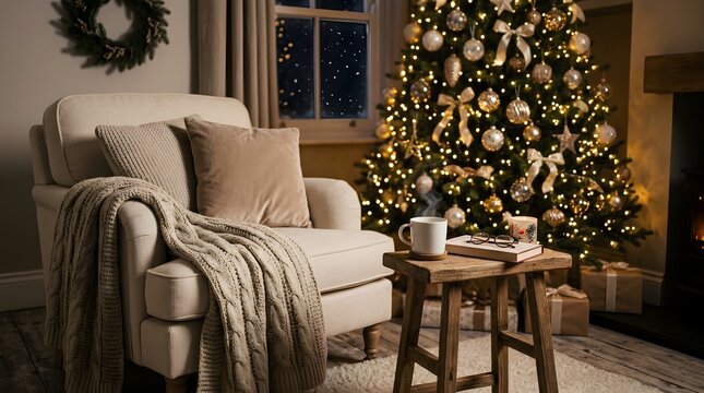A cozy living room interior featuring a comfortable armchair with a warm blanket next to a beautifully decorated christmas tree
