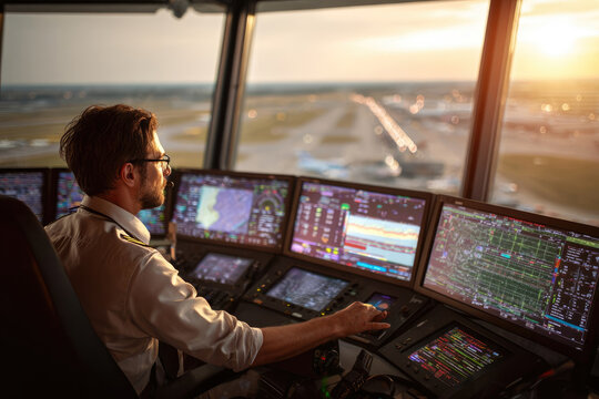 Male air traffic controller in a control tower, focused on multiple screens displaying flight data, overseeing airport operations during sunset, ensuring safety and efficiency in aviation