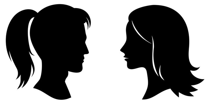 Male And Female Head Silhouettes Facing Each Other Black Background
