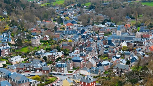 Aerial view of Veules-les-Roses village in Normandy, France. Historic coastal settlement near English Channel
