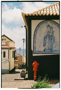 Traditional Azulejo Madonna Tile Panel and Red Fire Hydrant, Madeira