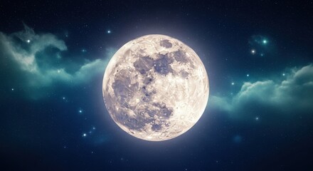 Obraz premium Full Moon in a Starry Night Sky with Cosmic Clouds and Nebulae - Detailed Lunar Surface Background