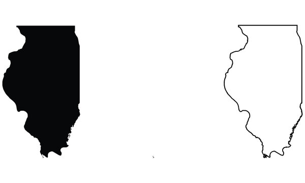 Solid black silhouette and outline contour map of the state of illinois in the united states isolated on a plain white background
