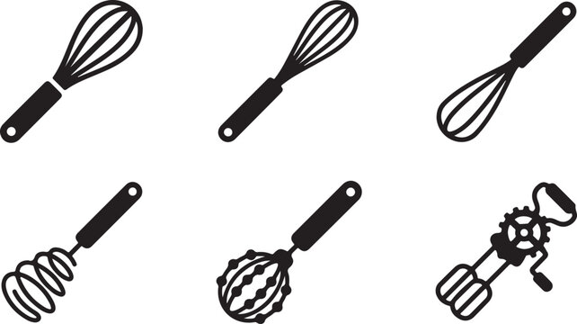 Six black kitchen whisks and beaters set illustration Vector