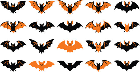 Fototapeta premium A comprehensive halloween vector bundle featuring various flying bat silhouettes in black and orange colors perfect for spooky holiday graphic design projects