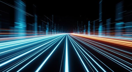 Obraz premium Futuristic Digital Highway with High-Speed Light Trails Representing Data Transmission and Connectivity in a Cyber City Environment