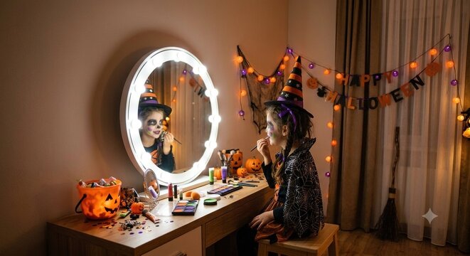 A little girl dressed as a witch applies her Halloween makeup in front of a lighted mirror in a room decorated with pumpkins and festive lights; concept of family celebration, children's creativity