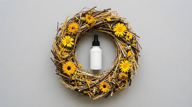 A blank white cosmetic dropper bottle placed in the center of a rustic autumn wreath made of dried yellow flowers
