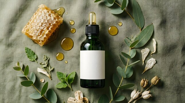 A dark glass dropper bottle with a blank label surrounded by fresh honeycomb and green eucalyptus leaves on a textured background