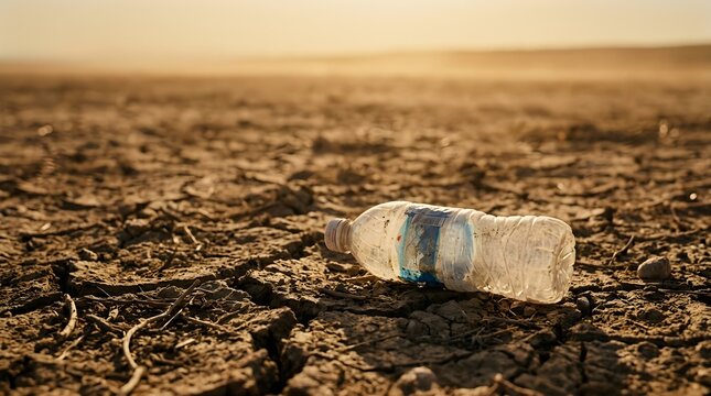 A discarded plastic water bottle lying on dry cracked earth representing environmental pollution and the global climate change crisis impact