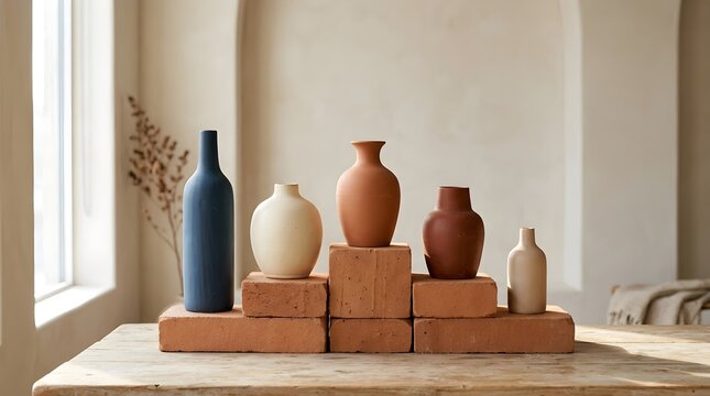 A collection of various ceramic vases and bottles arranged on top of stacked terracotta bricks in a bright minimalist living room