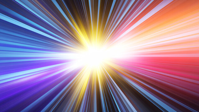 Abstract background featuring vibrant light streaks bursting from central core with colorful spectrum of blue purple and orange rays creating dynamic sense of high speed movement and energy
