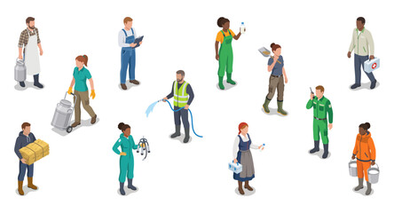 Fototapeta premium Dairy farm workers vector set carrying milk, hay bales and agricultural equipment | Isometric flat illustration