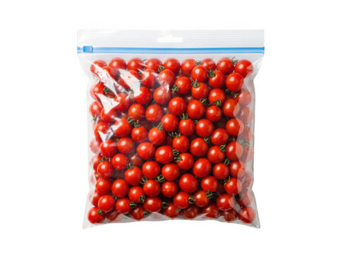 Fresh cherry tomatoes in a plastic zip lock bag isolated on transparent background