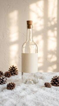 An empty glass bottle with a blank label standing on white snow surrounded by pine cones in soft winter sunlight