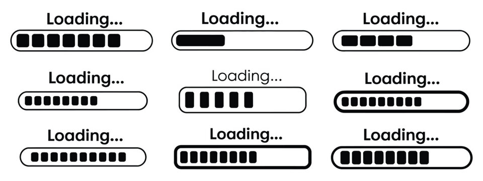 Loading progress bar icons with black status indicators for user interface, download process, buffering, and completion tracking vector, designs