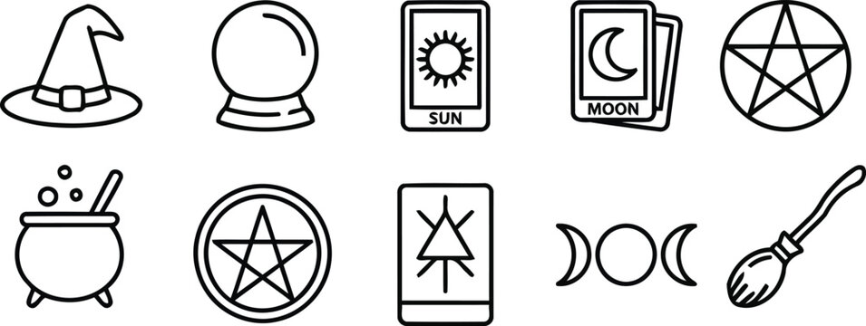 Witchcraft Magic Line Icons Set with Witch Hat Crystal Ball Tarot Cards Pentagram Cauldron Broom Moon Phases Vector Illustration