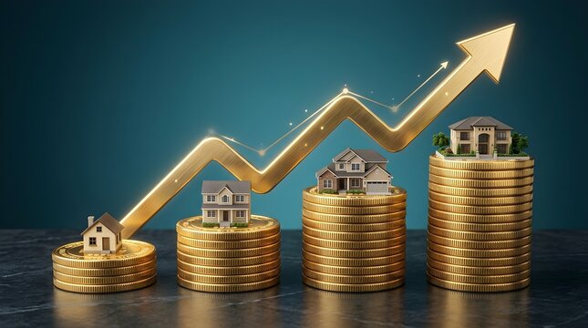 A conceptual image showing stacks of gold coins with small houses on top and an upward trending golden arrow representing growth