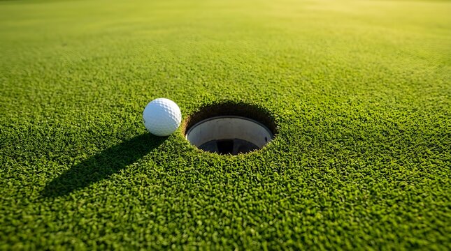 A white golf ball resting on the edge of the hole on a lush green putting surface during a sunny day