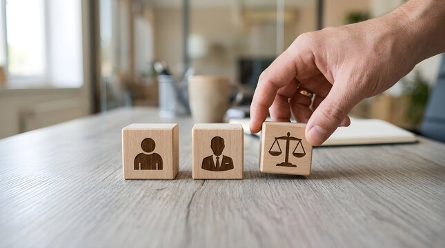 A hand placing a wooden block with a scale of justice icon next to other blocks featuring business and legal symbols