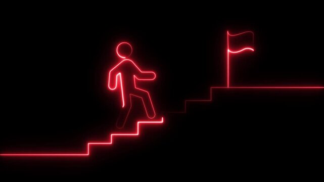 Man and stairs icon sign icon animation on Glowing neon business graph chart concept . market signs in neon lights Glowing neon line.  Man and concept. 4k video animation 