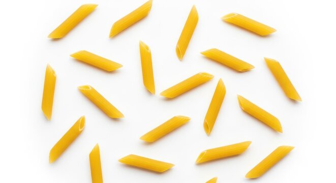 Yellow fusilli pasta pieces on white background