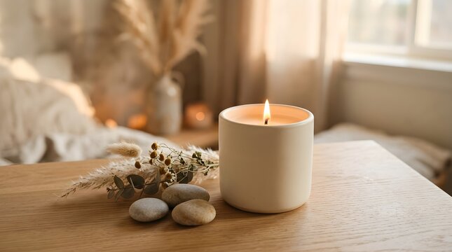 A burning scented candle placed on a wooden table with decorative stones and dried flowers in a cozy home interior setting