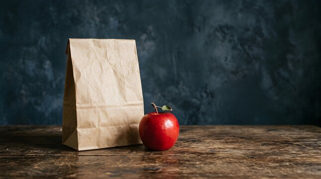 A brown paper lunch bag standing next to a fresh red apple on a rustic wooden table against a dark background