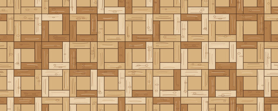 Geometric wood parquet flooring pattern with warm brown and beige tones and a repeating motif