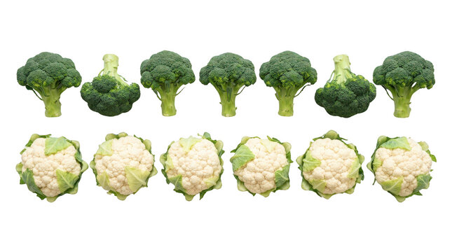 Fresh raw green broccoli florets and white cauliflower heads arranged in neat rows for healthy cooking ingredients